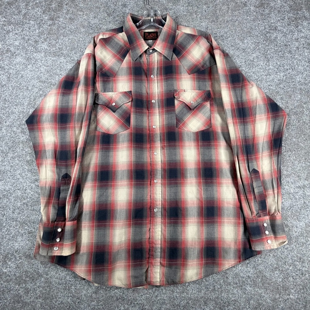 Plains Western Wear Shirt Men XL Black Beige Plaid Cowboy Long Sleeve Pearl Snap
